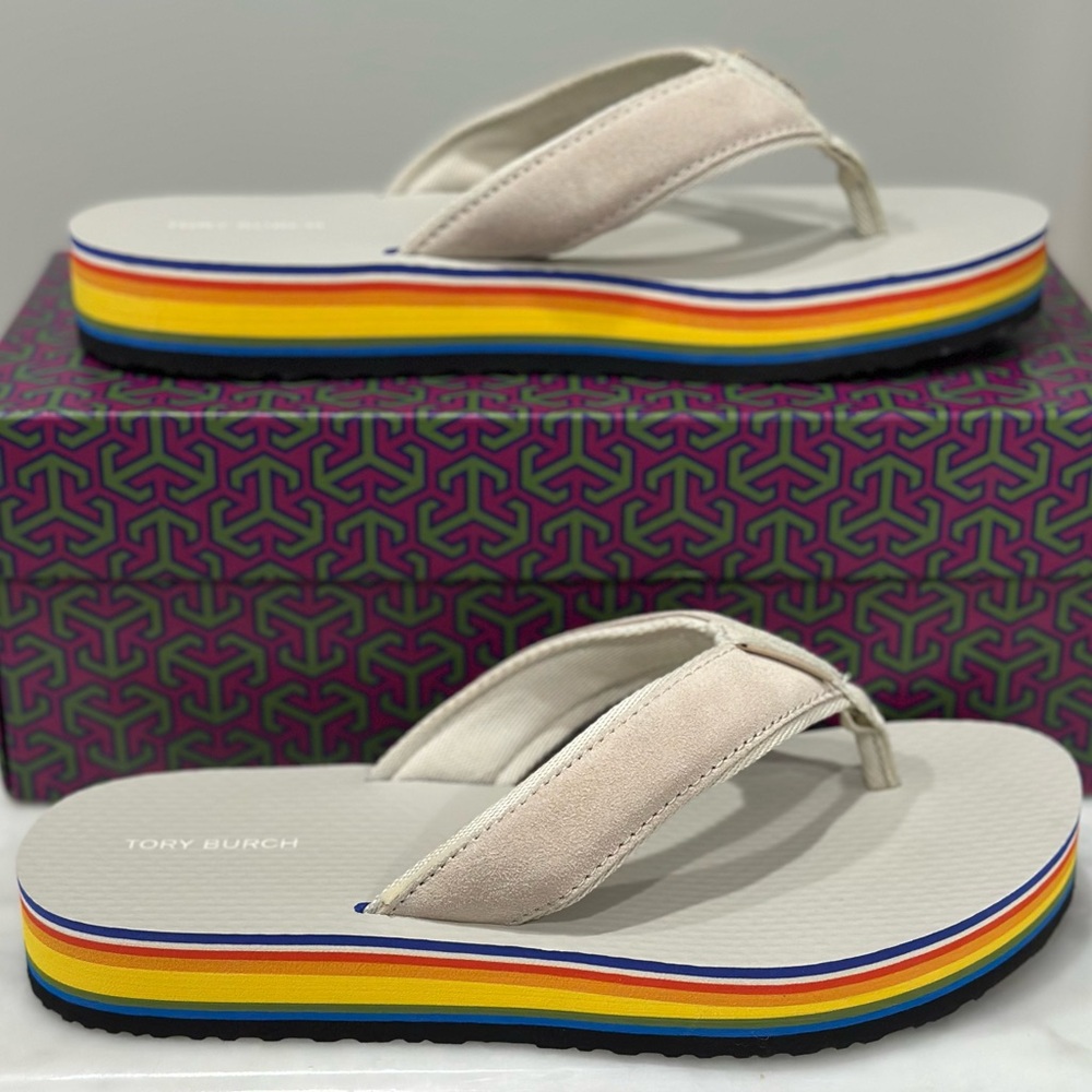 Tory Burch Women's Cream Flip Flops with Rainbow Sole